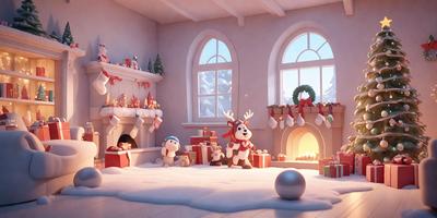 The primary subject of the image is a room with a fireplace, a window, and a group of stuffed animals. The setting is a cozy, snowy environment, likely a winter scene. The visual style is a combination of photo and digital art, creating a realistic yet whimsical atmosphere. The colors and mood are predominantly white and cold, with the fireplace providing a warm and inviting touch.